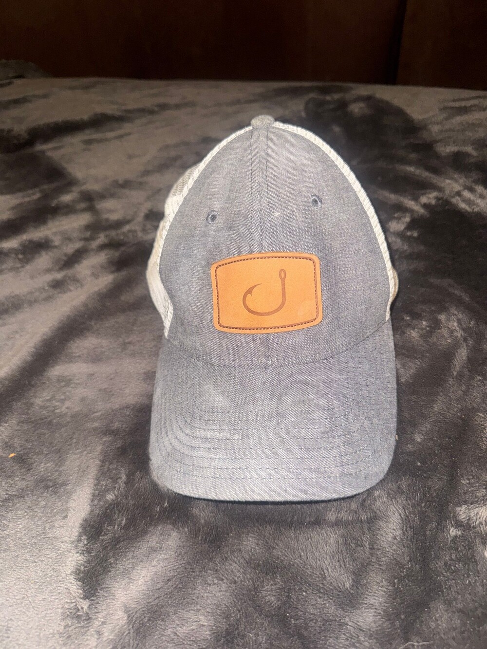 AVID One Size Gray Mesh Back Hat with Brown Leather Fishing Hook Patch